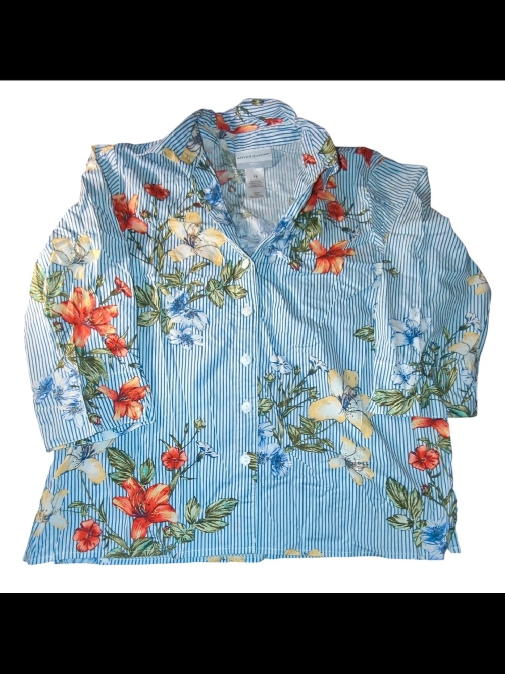Alfred Dunner Blue Striped Floral Button-Down Shirt Size PS